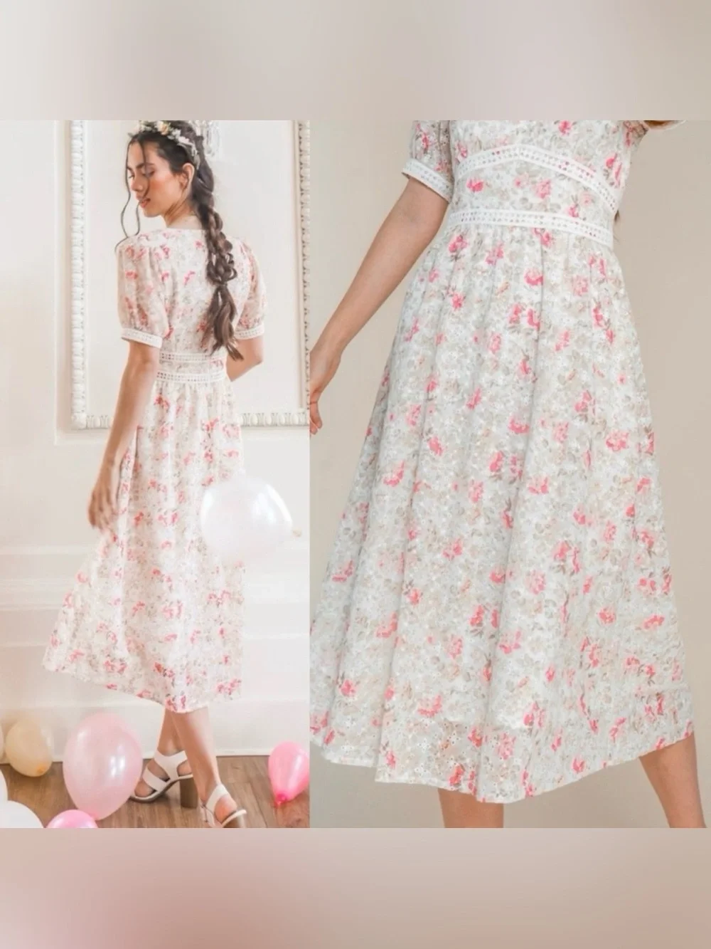 Ivy City Co Essie Floral V‑Neck Puff Sleeve Midi Dress Size XS